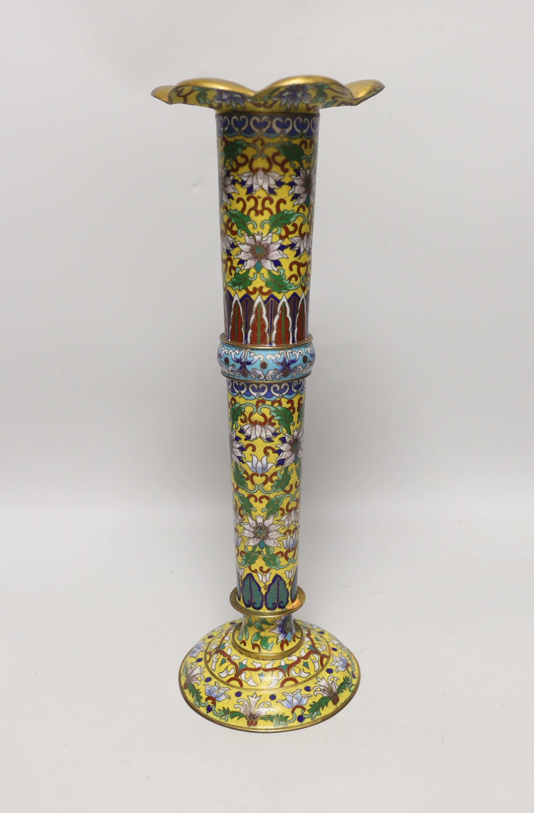 A Chinese yellow ground cloisonné enamel trumpet shaped vase , 35.5cm